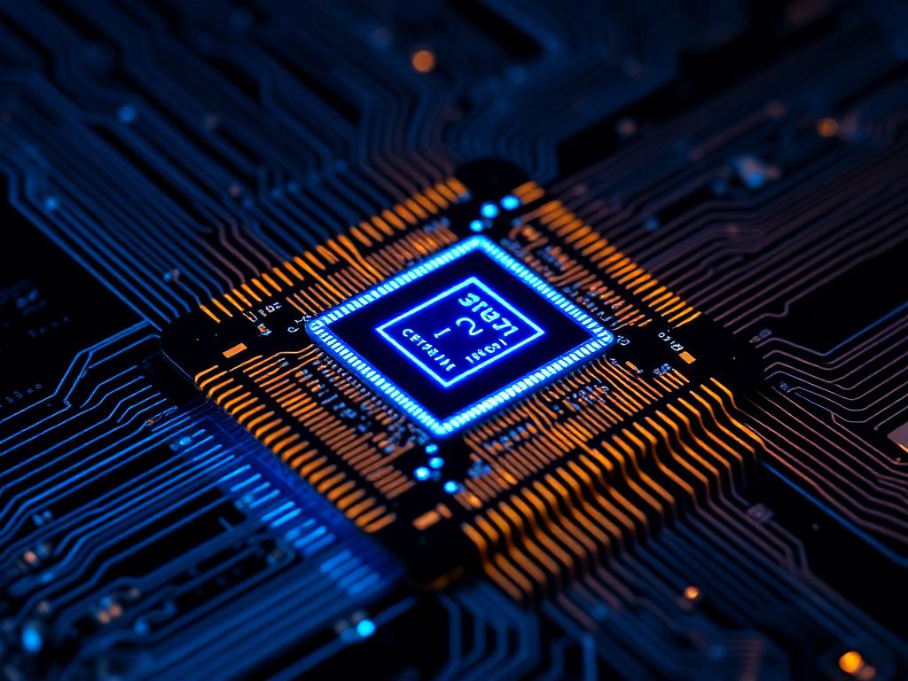 Close-up render of Apple M5 silicon chip die